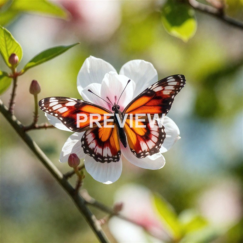 A vibrant orange and black butterfly is perched on a white flower with pink accents, surrounded by green leaves and budding blossoms.